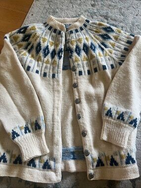 Cream Fair Isle Button-Front Cardigan with Blue & Olive Pattern